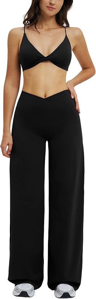 ABOCIW Workout Sets for Women Twist Front Sports Bra Matching Cross Waist Wide Leg Yoga Pants Gym... | Amazon (US)