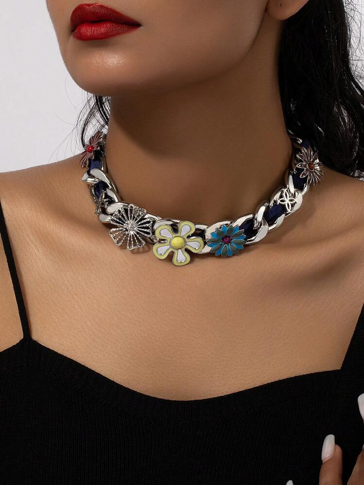 1pc Vintage Titanium Steel Necklace With Ribbon And Flower Decor Design For Men And Women, Suitab... | SHEIN