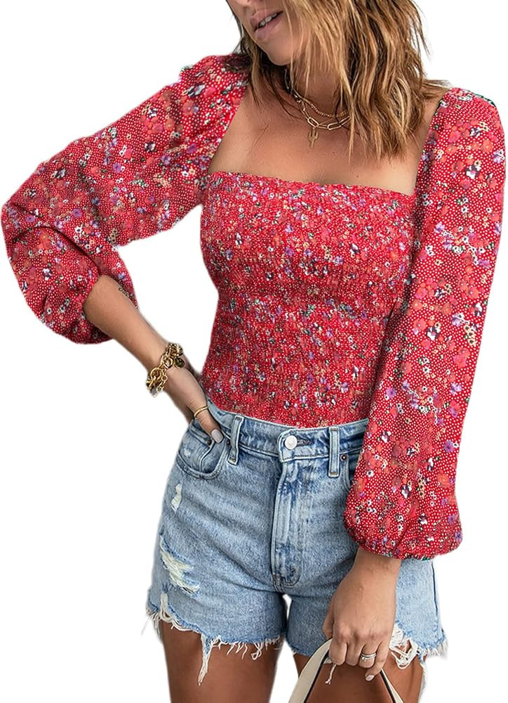 EVALESS Blouses for Women Puff Long Sleeve Square Neck Tops Off The Shoulder Floral Ladies Tops a... | Amazon (US)