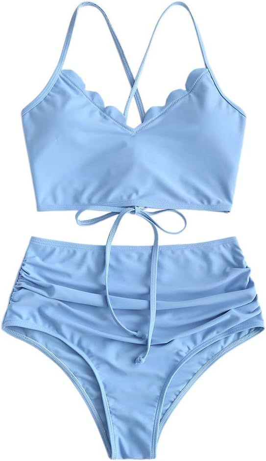 ZAFUL Women's Crisscross Ruched High Waisted Bottom Bikini Set Two Piece Swimsuit Tankini | Amazon (US)