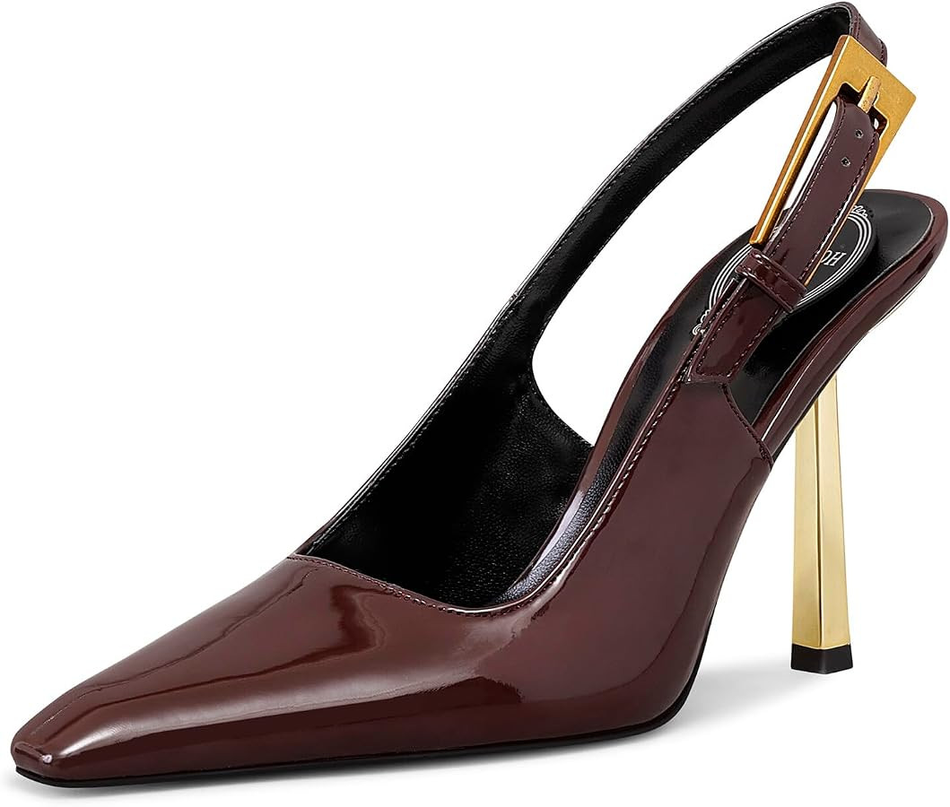 Slingback Heels for Women Metal Buckle Square Pointed Toe Pumps Leather Stiletto High Heel Dress ... | Amazon (US)