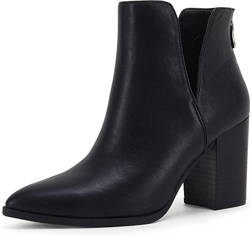 Womens Pointed Toe Ankle Booties Stacked Mid Block Heel Cutout Back Zipper Shoes Faux Leather Boo... | Amazon (US)