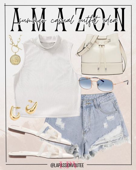 Elevate your summer style with Amazon essentials: denim shorts, a cozy rib-knit tank, accessorized with earrings, a necklace, shades, and a chic bucket crossbody bag, finished with trendy flat sandals.

#LTKstyletip #LTKfindsunder100 #LTKSeasonal