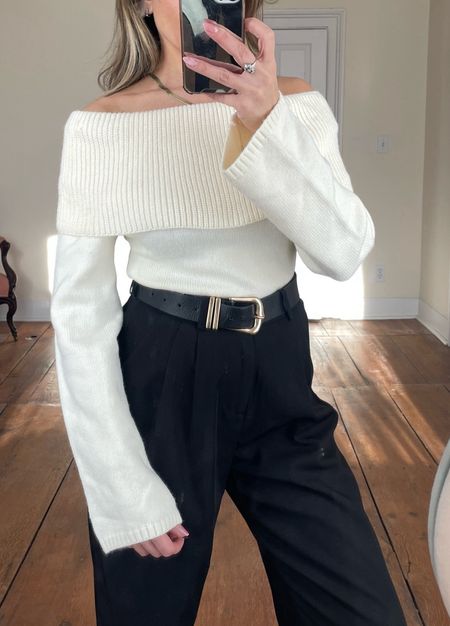 White off shoulder sweater and black trouser pants 

#LTKfindsunder100 #LTKsalealert #LTKeurope