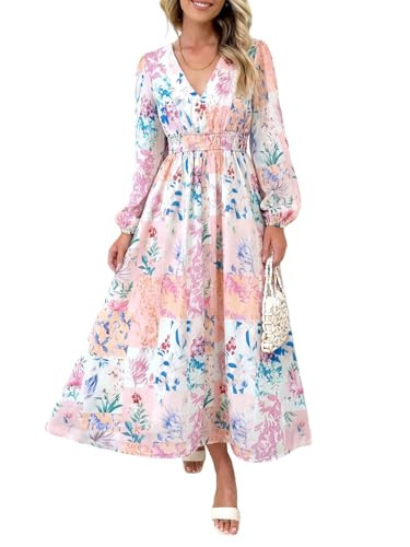 Maxigerui Women's Long Sleeve Floral Maxi Dress 2026 Spring Summer Wedding Guest Dress Pink Blue Pastel Floral XL | Amazon (US)