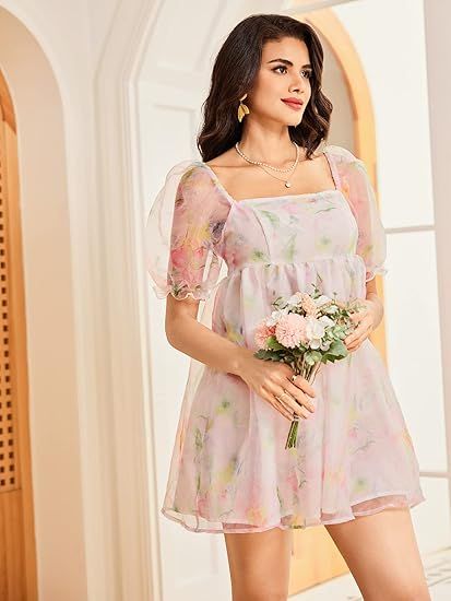 WDIRARA Women's Floral Print Square Neck Puff Short Sleeve High Rise Flare Organza Dress | Amazon (US)