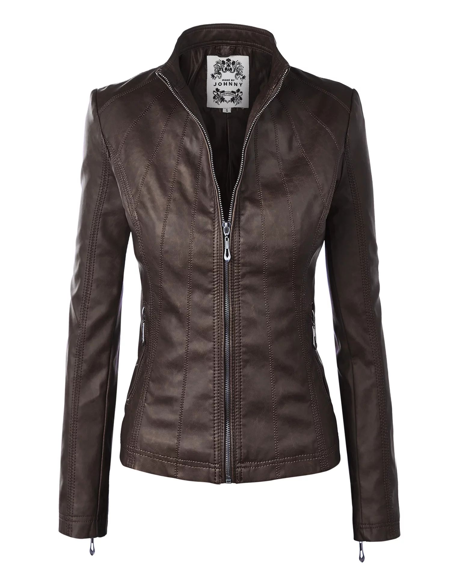 Made By Johnny MBJ WJC877 Womens Panelled Faux Leather Moto Jacket S Coffee | Walmart (US)