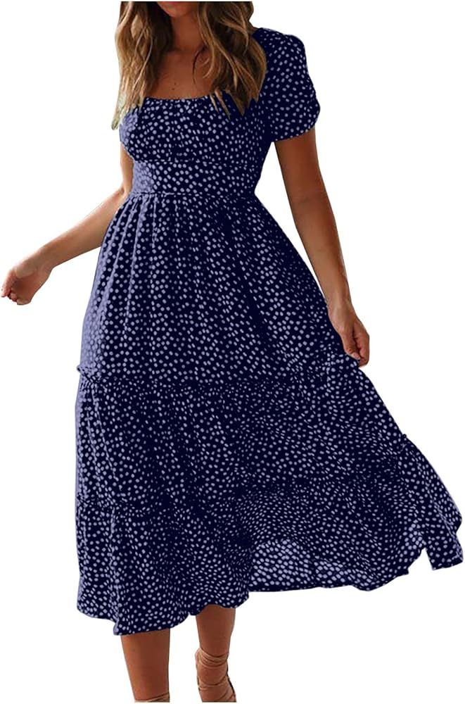 womens beach vacation summer dresses polka dot high waist tiered flowy long dresses trendy casual... | Amazon (US)