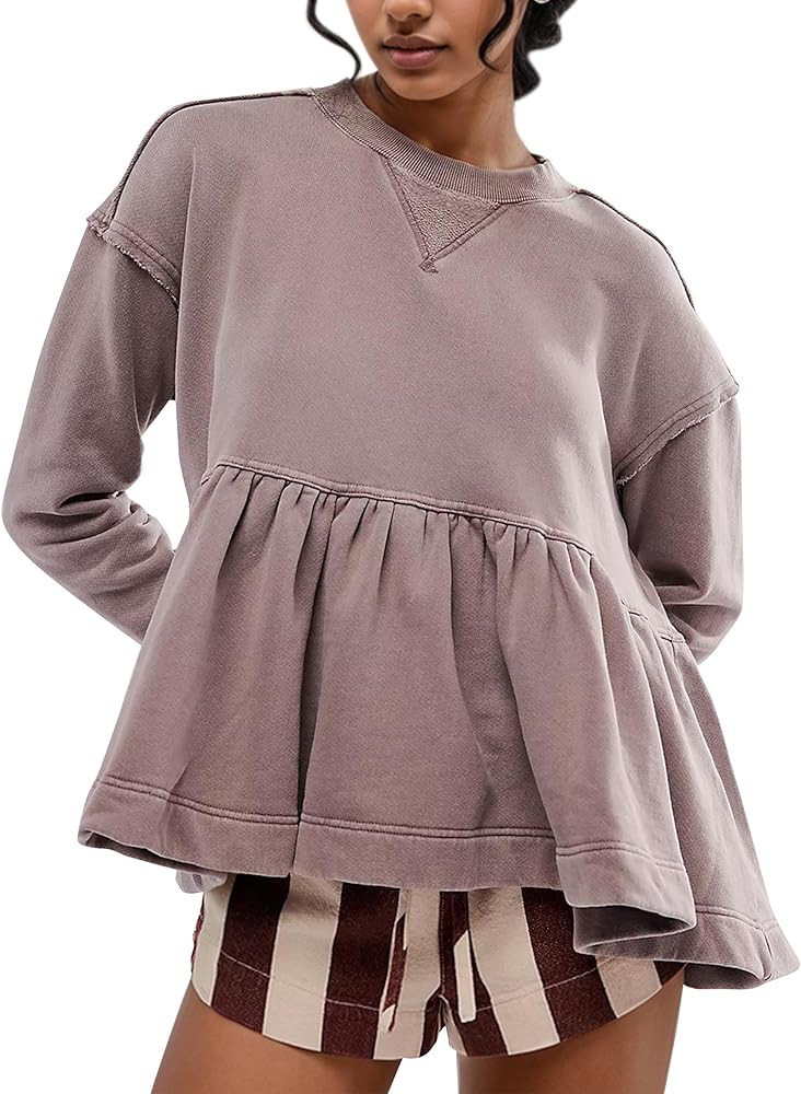 MISSACTIVER Women's Cute Ruffle Hem Babydoll Sweatshirt Crew Neck Long Sleeve Drop Shoulder Trend... | Amazon (US)
