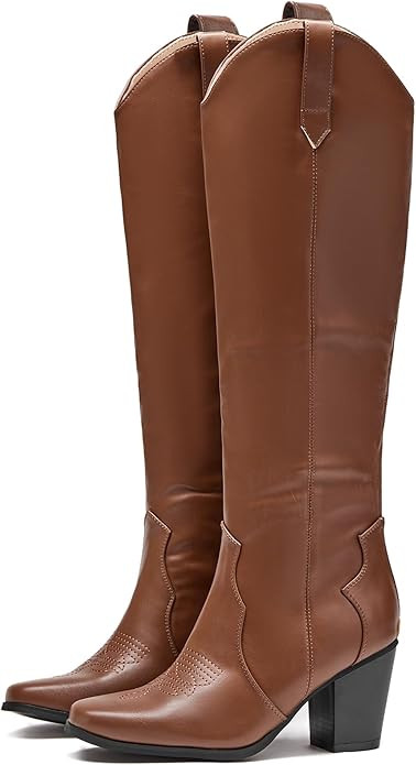 Coutgo Womens Western Cowgirl Boots Pointed Toe Mid Heel Cowboy Boots Wide Calf Back Zipper Knee ... | Amazon (US)