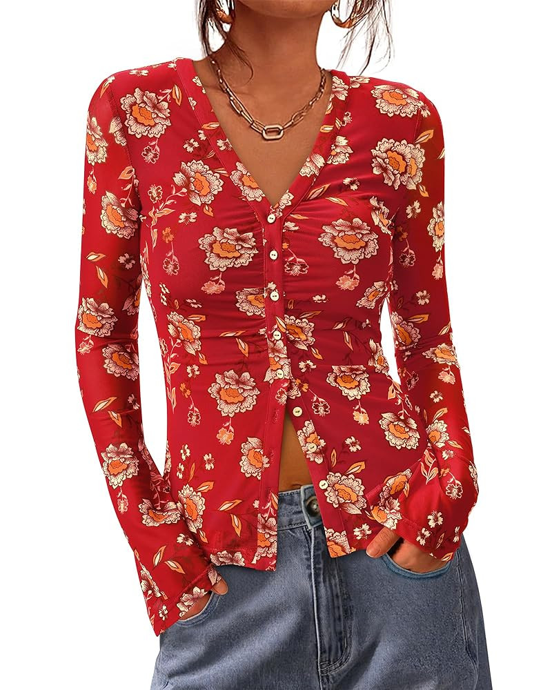 Amazon.com: BTFBM Button Down Shirts for Women Fall Fashion 2025 V Neck Long Sleeve Blouse Ruched... | Amazon (US)