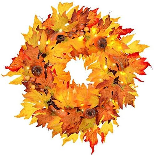 MorTime Thanksgiving Wreath with LED Lights Pumpkin Pinecones Red Berries Maple Leaves, 17" Harvest  | Amazon (US)