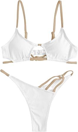 ZAFUL Women's Sexy Cutout Bikini Thong Bikini Set Tie Back Two Piece Swimsuit Bathing Suit | Amazon (US)