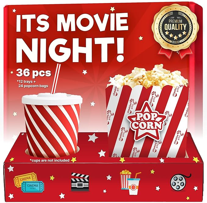 Cheshire Gifts Movie Night Supplies 36 Pcs - Popcorn Bags (24ct) & Movie Night Snack Trays (12ct)... | Amazon (US)
