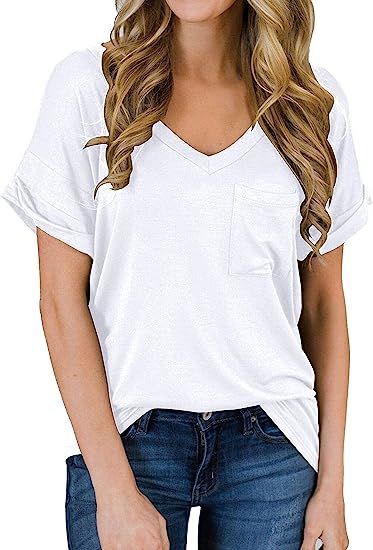 MIHOLL Women's Short Sleeve V-Neck Shirts Loose Casual Tee T-Shirt | Amazon (US)