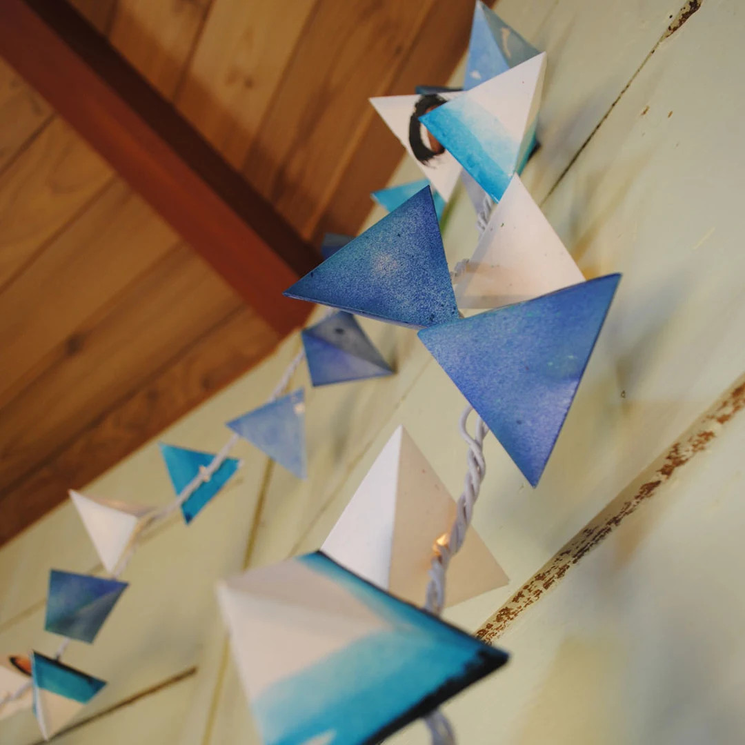 Paper Pyramid Lanterns CHEMTRAILS Modern Geometric Light Garland cornflower, White, Denim and Bla... | Etsy (US)