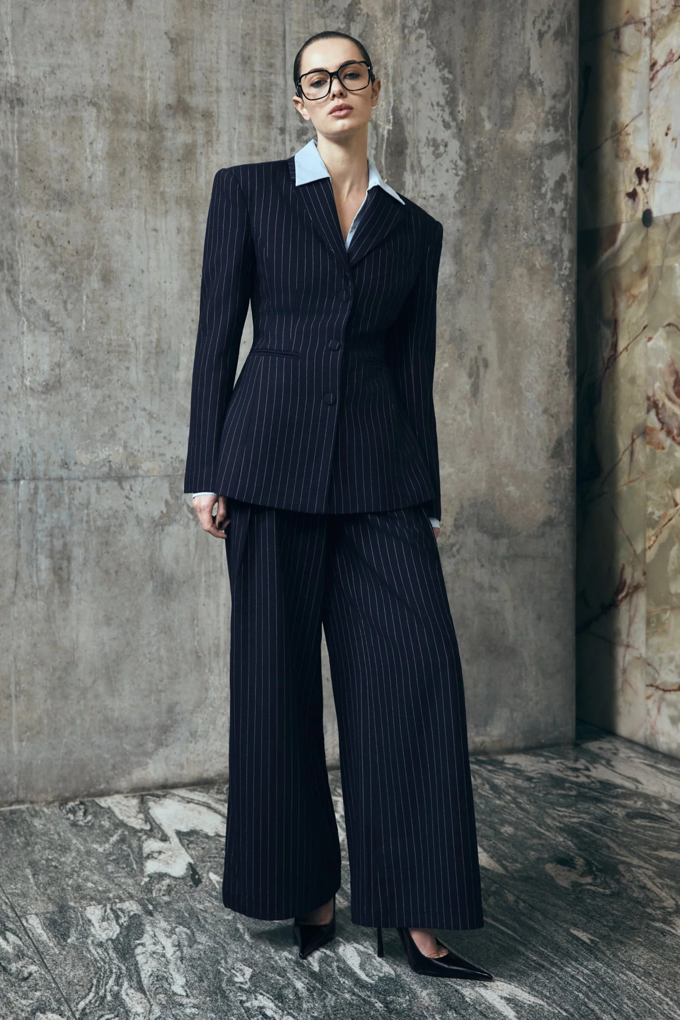 Jacqueline Pleated Wide Leg Pants - Navy Pinstripe | Meshki UK