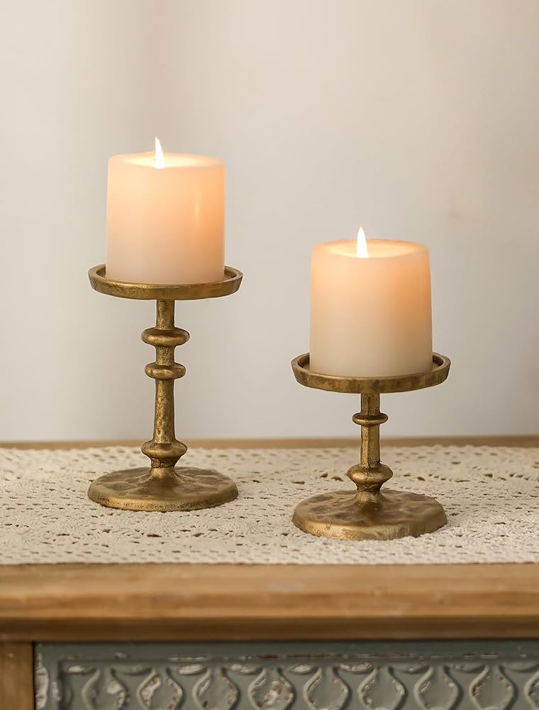 NUPTIO Gold Candle Holders for Pillar: Antique Brass Cast Iron Candle Stand | Amazon (US)