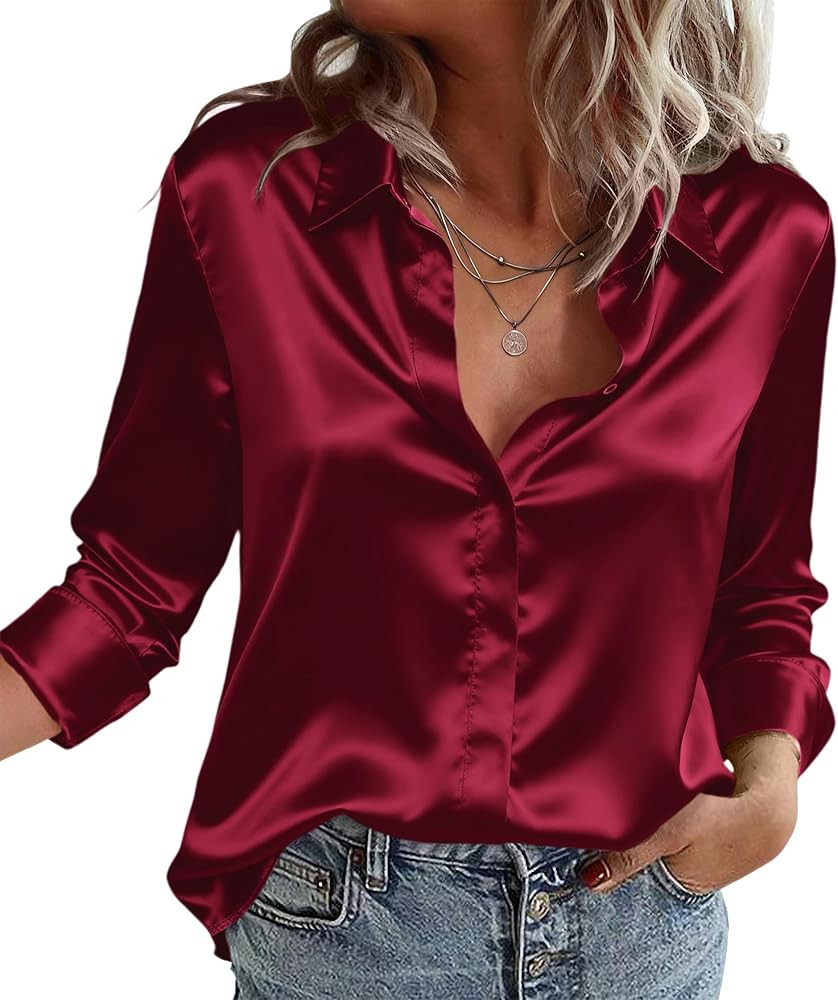 Zeagoo Satin Blouses for Women Casual Long Sleeve Button Down Silk Shirts Dressy Business Work Tu... | Amazon (US)
