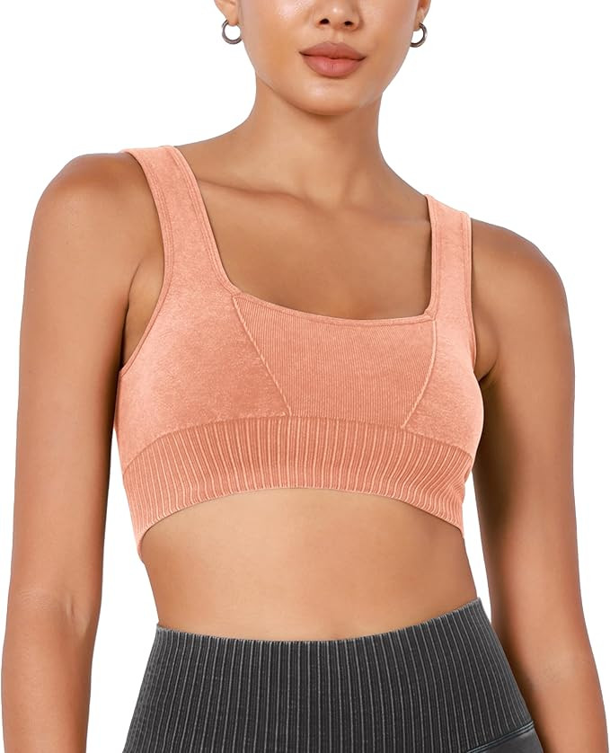 ODODOS Seamless Square Neck Sports Bra for Women Ribbed Crop Tank Casual Low Back Cropped Tops | Amazon (US)