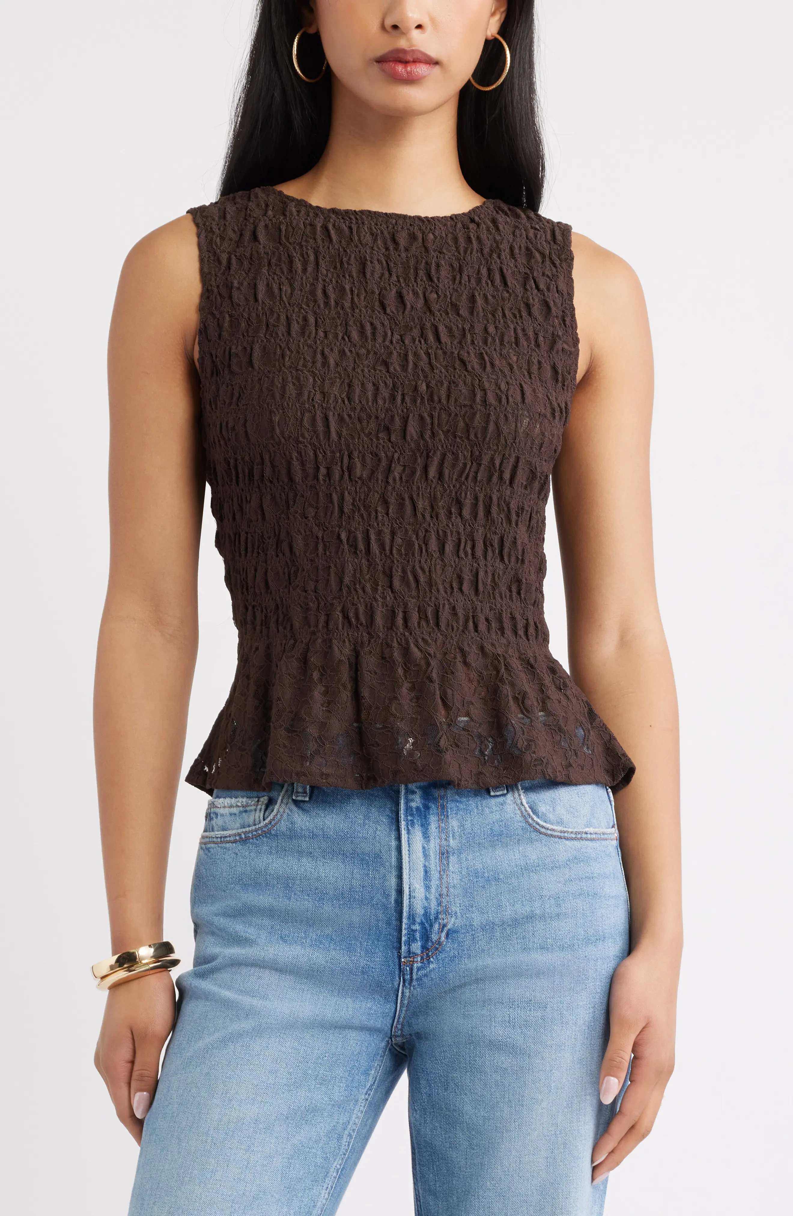 Open Edit Smocked Lace Peplum Top in Blue Tempest at Nordstrom, Size Small | Nordstrom