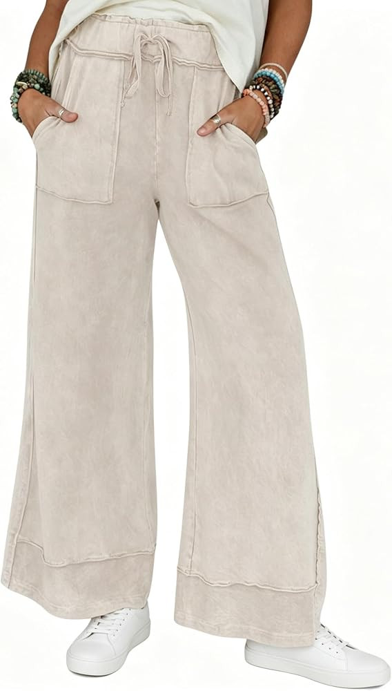 Athlisan Womens Casual Wide Leg Sweatpants Acid Wash Elastic Waisted Palazzo Pants Trousers with ... | Amazon (US)