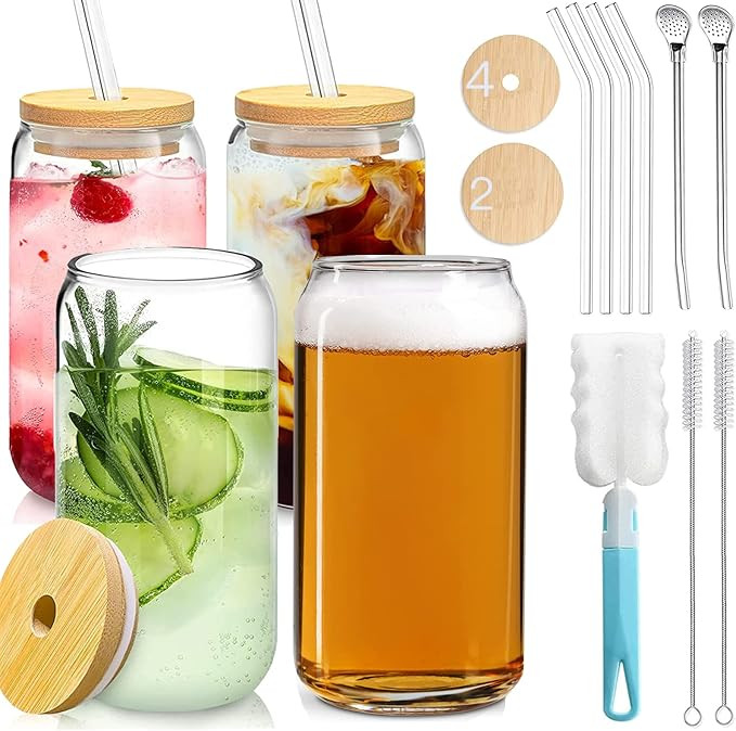 4 Pcs Drinking Glasses with Bamboo Lids(6) and Glass Straws(4) - 18.5 Oz Can Shaped Glass Cups Be... | Amazon (US)