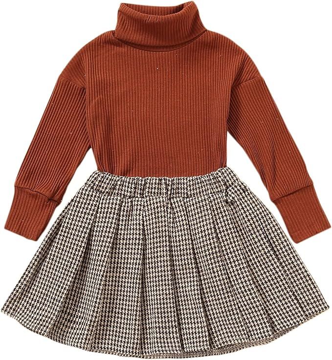 Fernvia Toddler Baby Girl Fall Winter Skirt Set Turtleneck Ribbed Long Sleeve T-Shirt Top & Plaid... | Amazon (US)