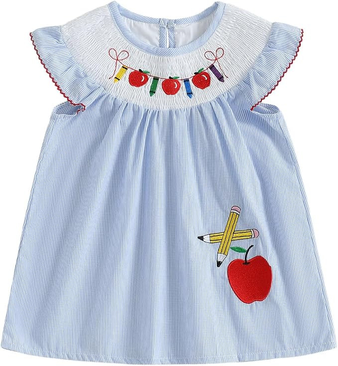 1-5Y Toddler Baby Girl First Day of The School Dress Smocked Apple Pencil Embroidery Stripe Dress... | Amazon (US)