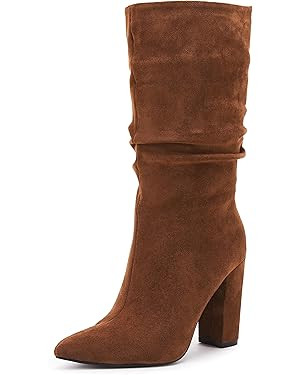 Syktkmx Womens Winter Slouchy High Heel Boots Mid Calf Suede Slip on Chunky Block Pointed Toe Boo... | Amazon (US)