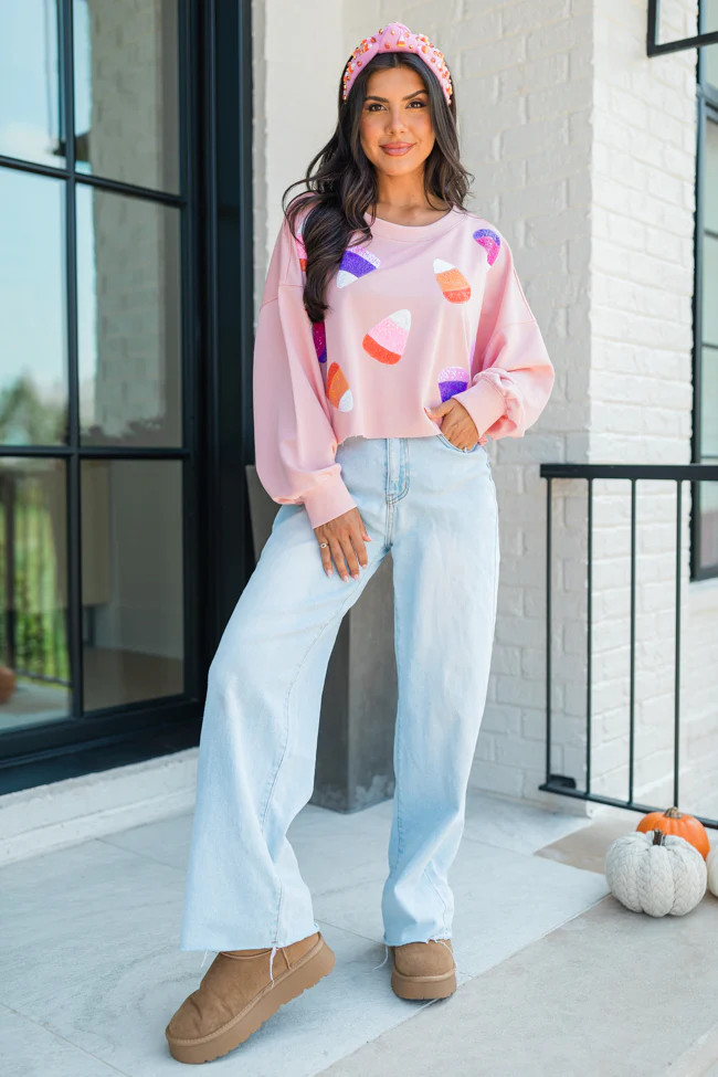 Sweet Treats Pink Multi Candy Corn Sequin Patch Sweatshirt | Pink Lily