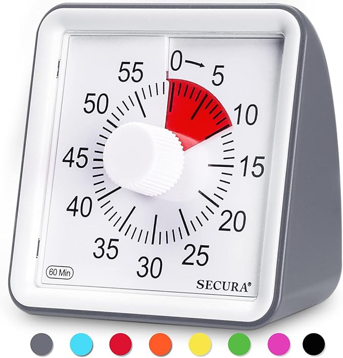 Secura 60-Minute Visual Timer, Classroom Countdown Clock, Silent Timer for Kids and Adults, Time ... | Amazon (US)