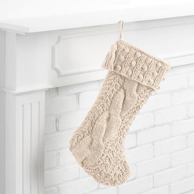 Ivory Chunky Cable Knit Christmas Stocking | World Market