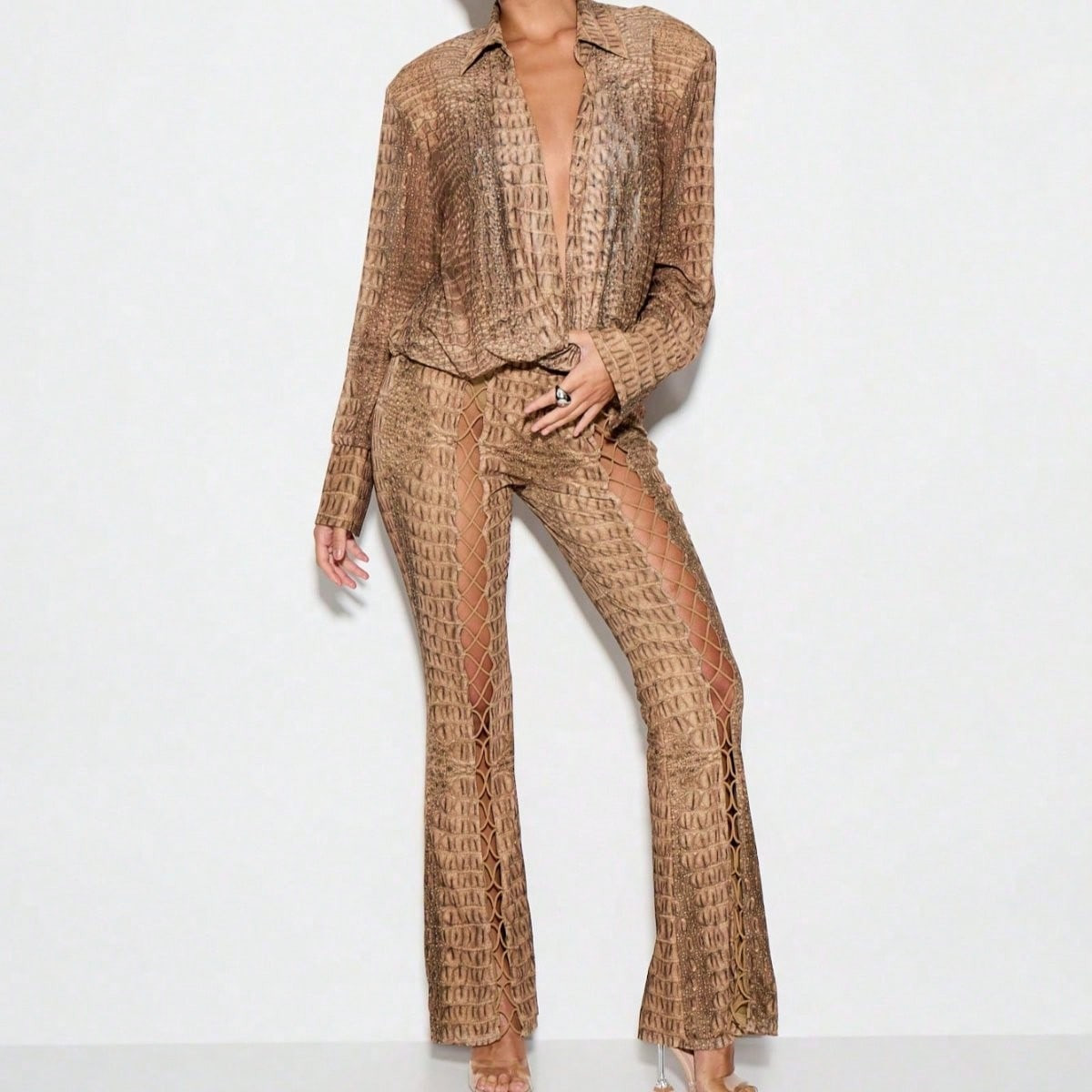 KIZN Animal Print Flared Trouser High Waisted Statement Pants With Side Lace Up Details Resort Wear Festival Ready Pants Boho Party Evening Wear | SHEIN