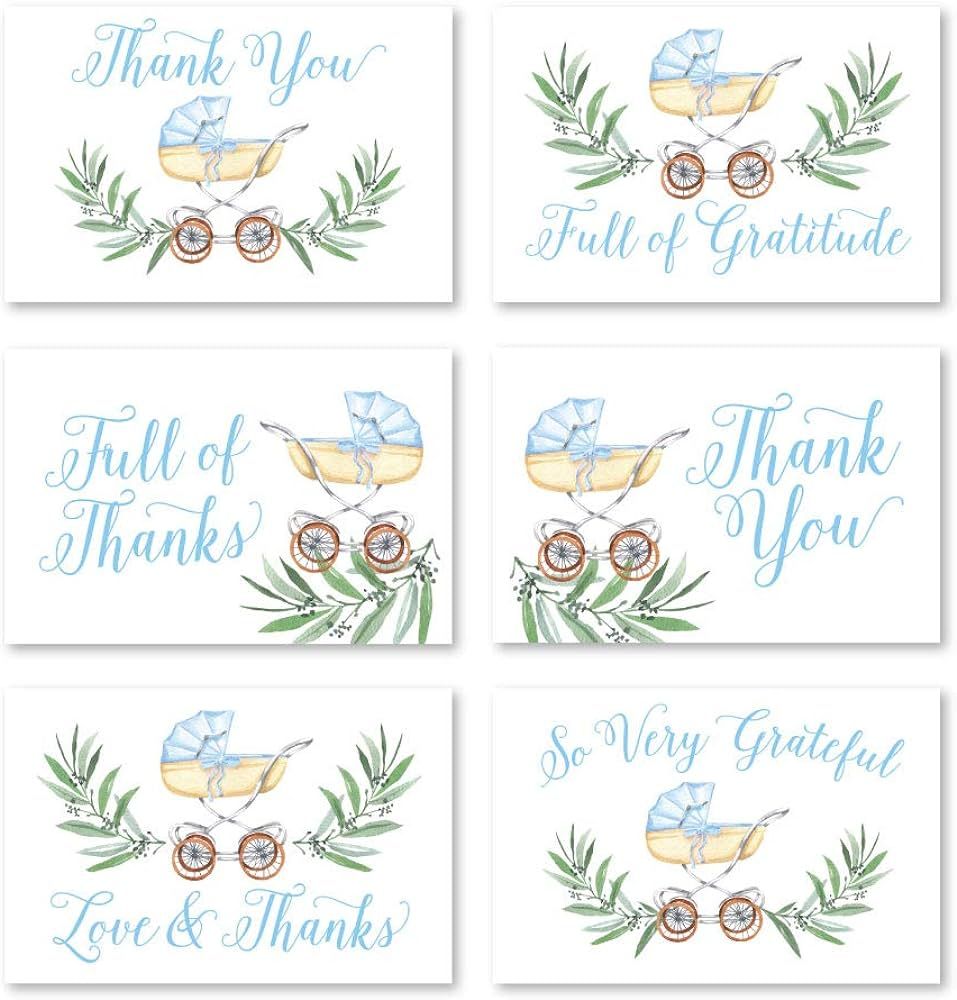 Hadley Designs 24 Blue Carriage Baby Shower Thank You Cards With Envelopes, Boy Sprinkle Thank-Yo... | Amazon (US)