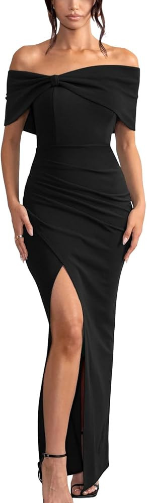 GOBLES Women's Elegant Strapless Ruffle Shoulder Short Sleeve Side Split Bodycon Ruched Formal Dr... | Amazon (US)