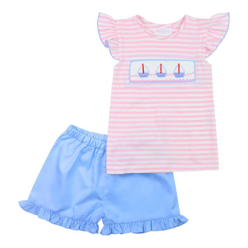 Pink Stripe Knit Smocked Sailboat Short Set | Cecil and Lou