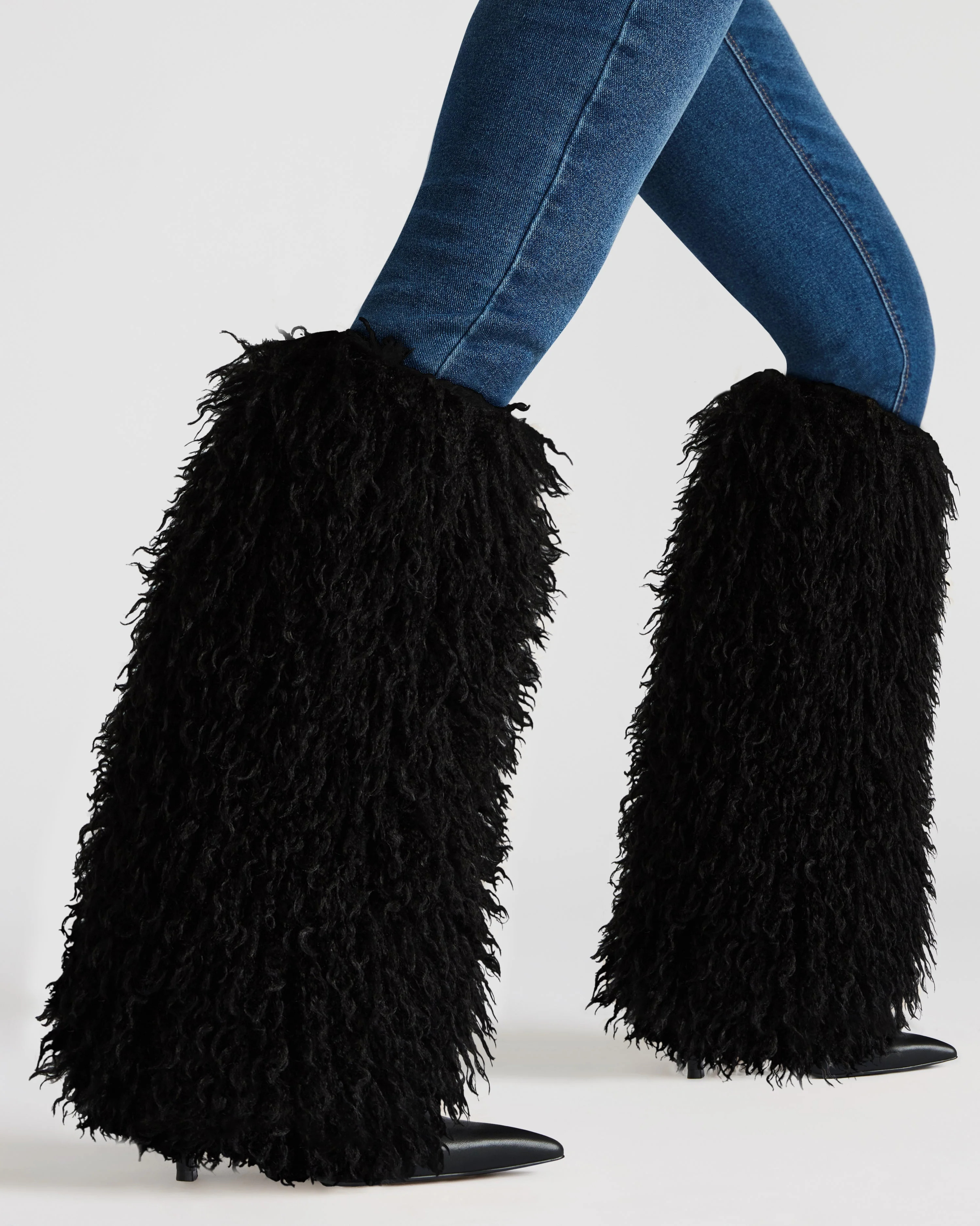 ICON Black Pointed-Toe Faux Fur Knee-High Stiletto Heel Women's Boot | Steve Madden (US)