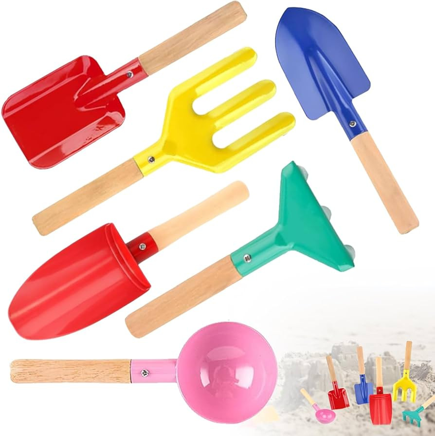 Beach Toys, 6 Pcs Kids Gardening Set, 8'' Kid Metal Sand Toys Sandbox Toys with Sturdy Wooden Han... | Amazon (US)