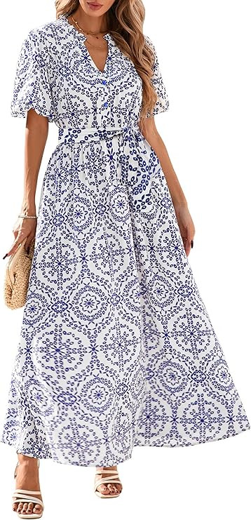 KIRUNDO Women Spring Summer Wedding Guest Boho Floral Maxi Dress Puff Sleeve Button Shirt V Neck ... | Amazon (US)