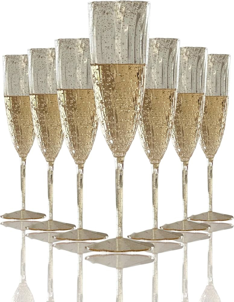 Oojami 6 Oz Gold Glitter Plastic Champagne Glasses 24 Pack, Hard Disposable Plastic Champagne Flu... | Amazon (US)