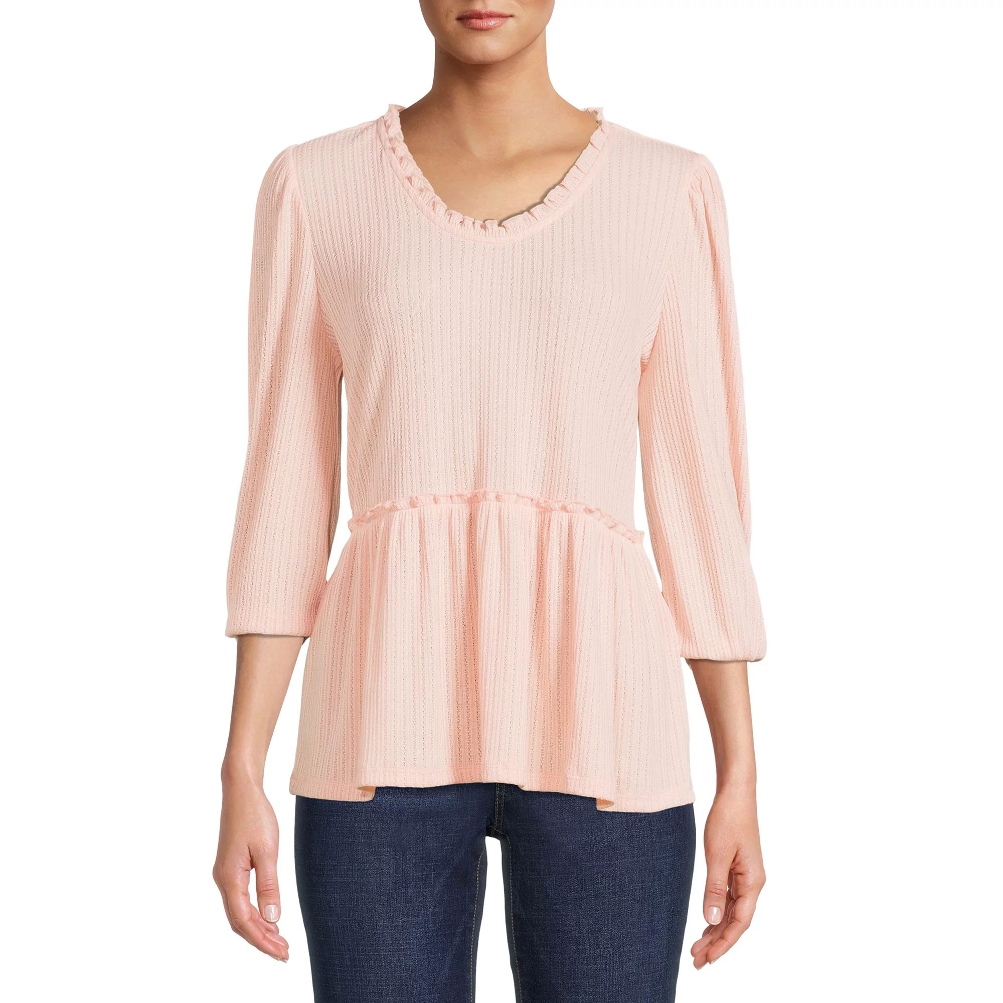 Como Blu Women's V-Neck Long Sleeve Top with Ruffle Edges | Walmart (US)