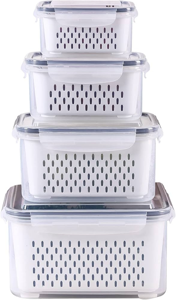 4 Pack Large Fridge Food Storage Container Set with Lids with Strainer, Fruit Vegetable Storage C... | Amazon (CA)