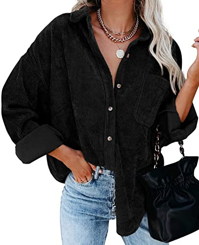 QIXING Womens 2024 Button Down Shirts Oversized Boyfriend Long Sleeve Blouses Tops Black-XL | Amazon (US)