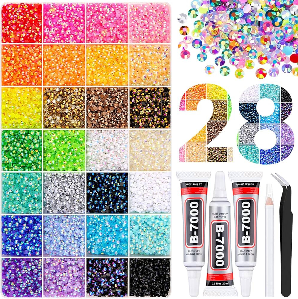 34000Pcs Resin Rhinestones with Tweezers for Bedazzling, Multicolor 3mm Crystal with 3Pcs 10ml B7... | Amazon (US)