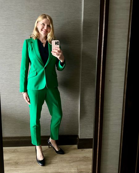 Hobbs green trouser suit. Single breasted jacket with cropped trousers. Workwear. Elegant work outfits. Classy. Stylish. Green and navy. Over 40 workwear. Over 50 workwear  

#LTKworkwear #LTKspring #LTKover50style