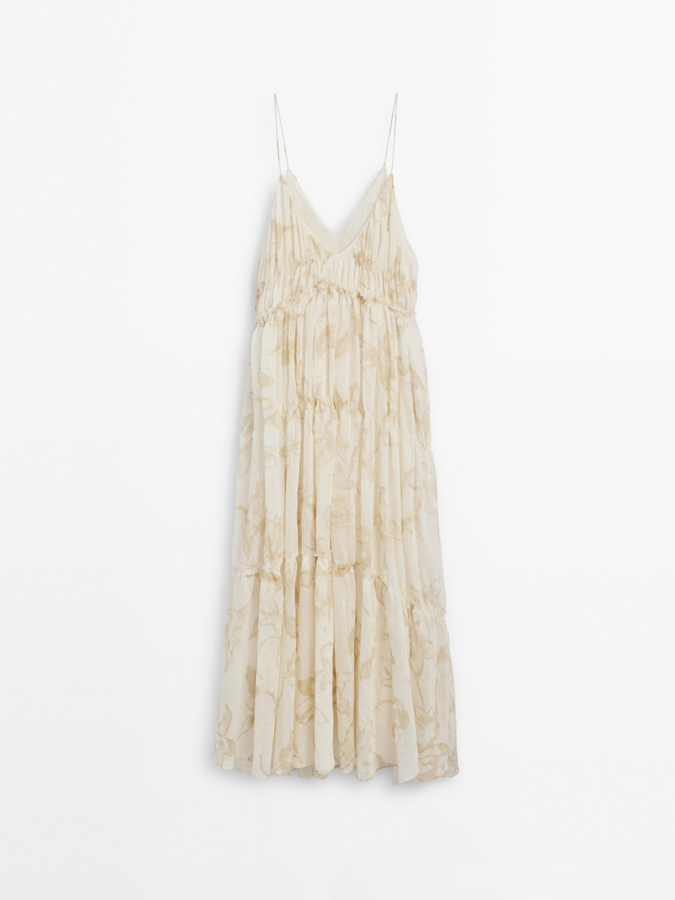 Long volume dress with ruching and thin straps. V-neckline at the back and neck . Printed. | Massimo Dutti US