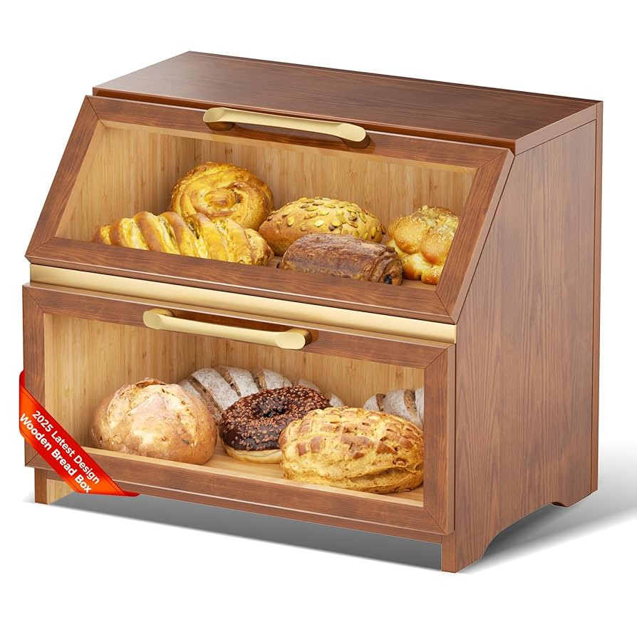Double Layer Wooden Bread Box for Kitchen Counter, Large Bread Storage Container for Homemade Bre... | Amazon (US)