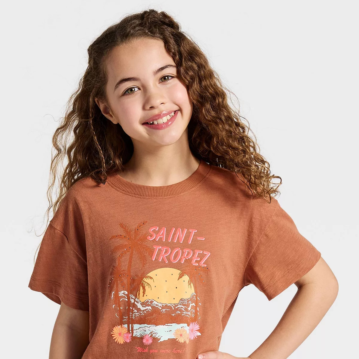 Girls' Short Sleeve Relaxed Fit 'St. Tropez' Graphic T-Shirt - Cat & Jack™ Light Brown S | Target