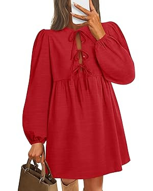 ZESICA Women's Dress Fall Long Puff Sleeve Self Tie Front Babydoll A Line Pleated Cute Mini Tunic... | Amazon (US)